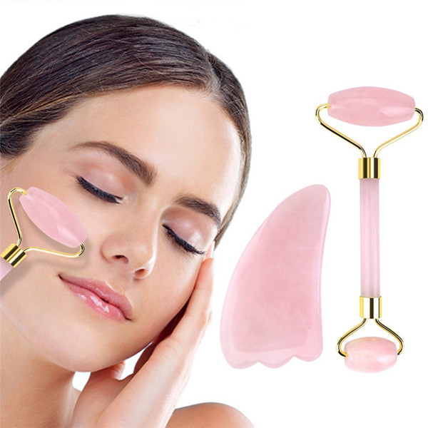 Rose Quartz Crystal Double-head Beauty Roller Neck Face Roller Massager Slimming Tool Scraping plate with Box