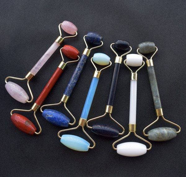 DHLNatural Tumbled Chakra Rose Quartz Carved Reiki Crystal Healing Gua Sha Beauty Roller Facial Massor Stick with Alloy Gold-Plated with box