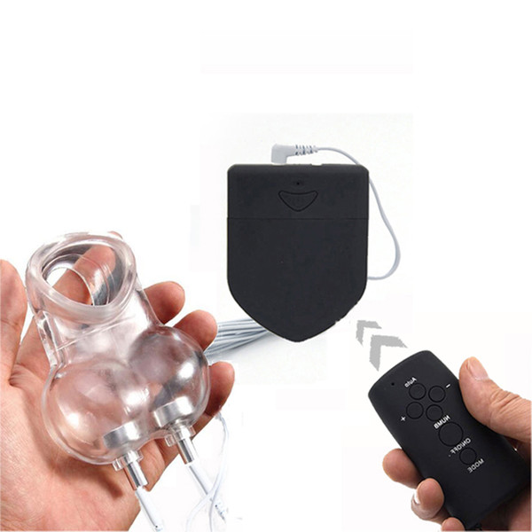 Wireless Remote Control Electro Shock Chastity Cage Penis Ring Scrotum Sleeve Ball Stretcher Cock Ring Cage Sex Toys For Men
