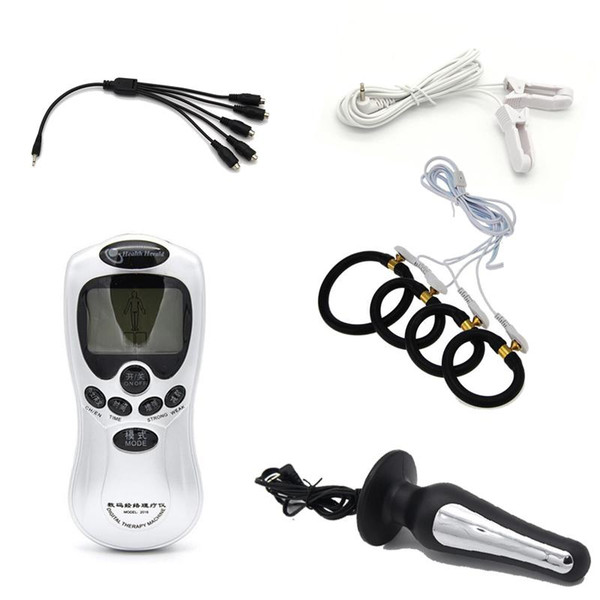 Electric Shock Kit, 4 pcs Penis Rings&Anal Plug &Nipple Clamps Combine, Electro Shock Medical Themed Sex Toys For Couple