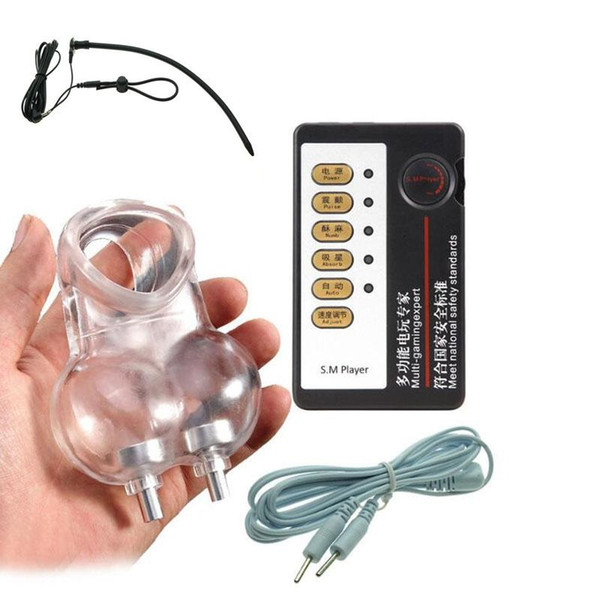 Electro Shock Urethral Sound Dilators Catheter Chastity Cage Time Delay Penis Ring Male Scrotum Squeeze Ring Stretcher Cock Ring Sex Toys