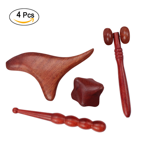 Professional Full Set 4 Pcs Reflexology Tool Traditional Thai Massage Hand Foot Face Body Acupoint Massager Natural Red Wood