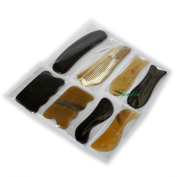 8pcs/set Traditional Acupuncture Massage tool Guasha kit 100% yellow ox horn & buffalo horn gift beauty bax & gua sha chart