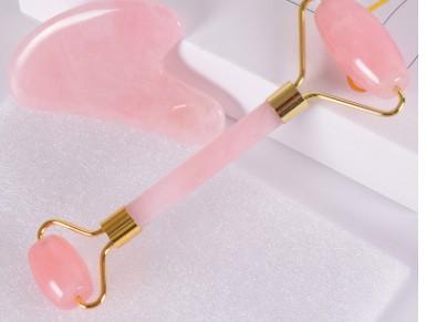 Health beauty natural Jade pink Powder crystal roller massager Gua Sha scraping plate set relaxing anti fatigue