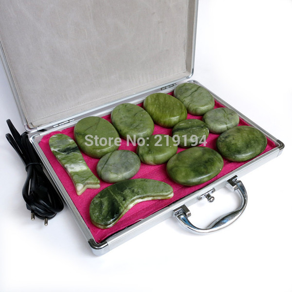 High quality 14pcs/set green jade body massage hot stone face back massage plate SPA with heater box CE and ROHS