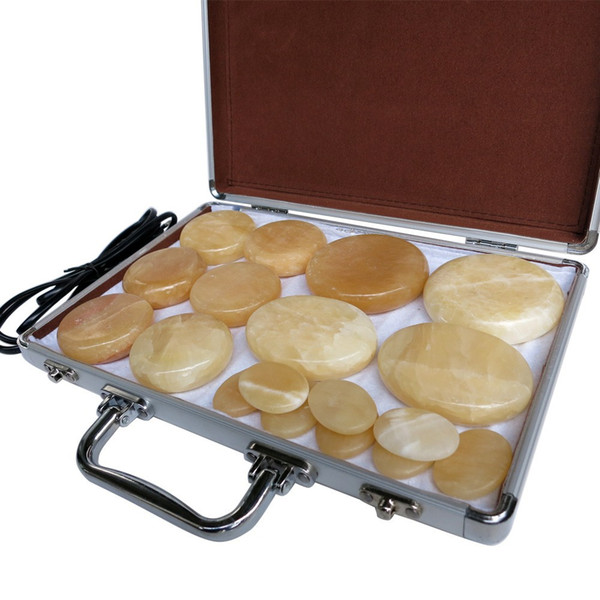 New type! 18pcs/set Hot stone body massager yellow Jade Salon SPA with heater box Stone Massage