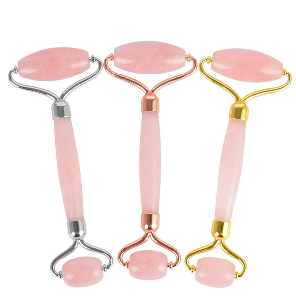 Double Head Massage Roller Natural Rose Crystal Quartz Jade Stone Anti Cellulite Wrinkle Facial Body Beauty Health Tool Rose Gold