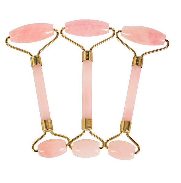 Natural Rose Quartz Carved Reiki Crystal Healing Gua Sha Beauty Roller Facial Massor Stick with Alloy Gold-Plated Double Head Massage