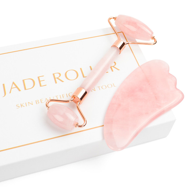 Jade Roller for Face, 2 in 1 Jade Roller Massager Set Including Rose Quartz and Gua Sha Scraping Tool,Jade Facial Anti Aging Face