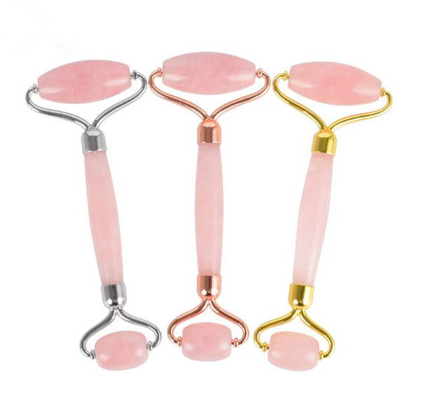 Double Head Massage Roller Natural Rose Crystal Quartz Jade Stone Anti Cellulite Wrinkle Facial Body Beauty Health Tool Rose Gold