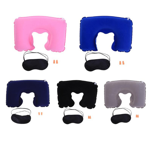 1Set Flocking Soft U Shaped Travel Pillow Car Air Flight Inflatable Pillows Neck Support Headrest Cushion with Eyes Cover Earplugs