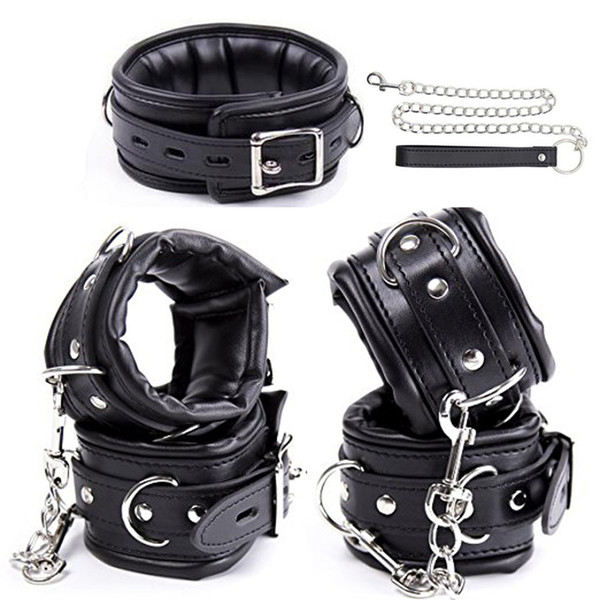 Black PU Leather Hands Cuffs & Ankle Cuffs & Neck Collar Set ,Soft Padded Bondage Kit,BDSM Bondage Retraint Sex Toys For Couple