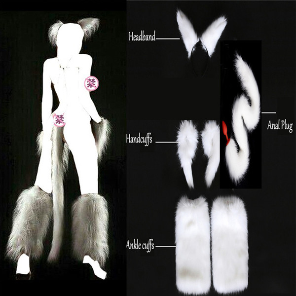 White Sexy Faux Fox Tail Hand Cuffs Ankle Cuffs Headband Cosplay Set Anal Plug Silicone Butt Plug Sex Toys Adult Games