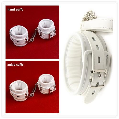 White PU Leather Sponge Padded Bondage Kit Hands Cuffs Ankle Cuffs Neck Collar With Leash BDSM Bondage Retraint Sex Toys