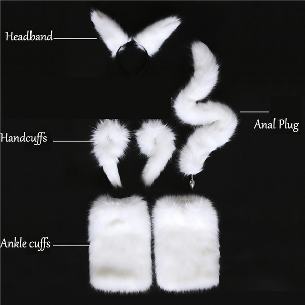 White Sexy Faux Fox Tail Hand Cuffs Ankle Cuffs Headband Cosplay Set Anal Plug Silicone Butt Plug Adult Games Sex Toys For Women