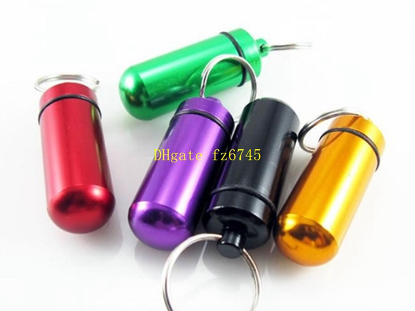 100pcs/lot Fast shipping Aluminum Pill Box Case Bottle Holder Container Keychain Key Chain Key Ring Pill storage Jar