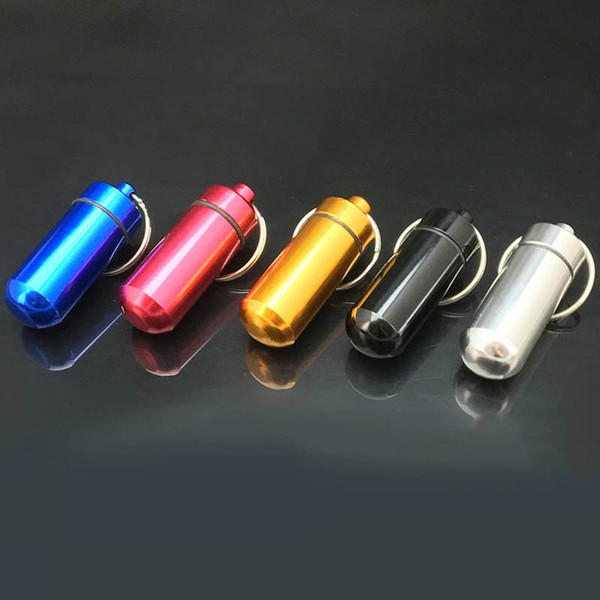 DHL Travel aluminum alloy Waterproof Pill Box Case keyring Key Chain Medicine Storage Organizer Bottle Holder Container KeyChain 15x48mm