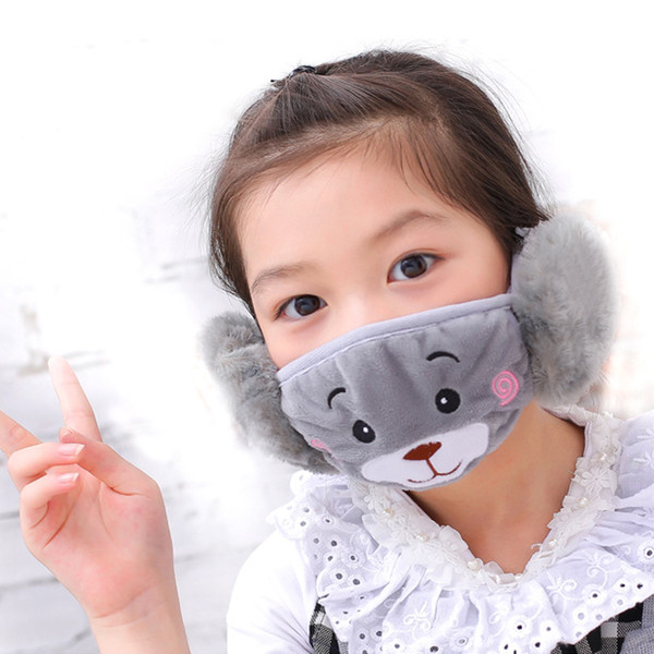 Winter Plush Mouth Mask For Children Face Warm Cover Mask With Earmuff Dustproof Cute Cartoon Bear Pattern Gray And Pink