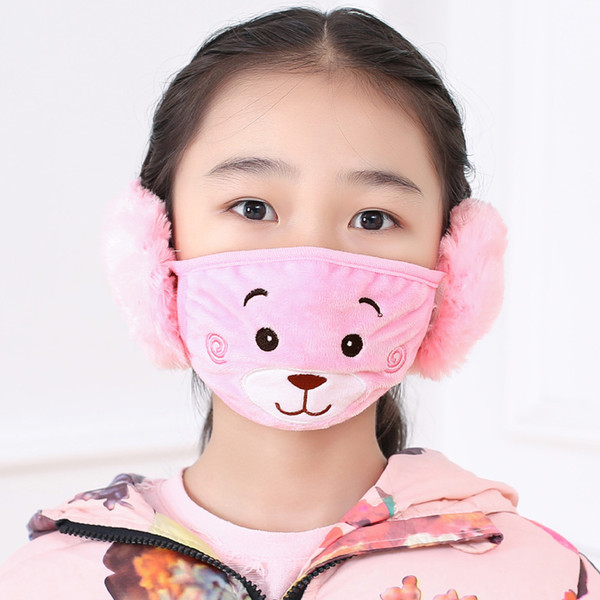 Winter Plush Masks Give Children A Warm Cover Mask, Dust Masks, Cute Cartoon Bear Patterns Gray And Pink