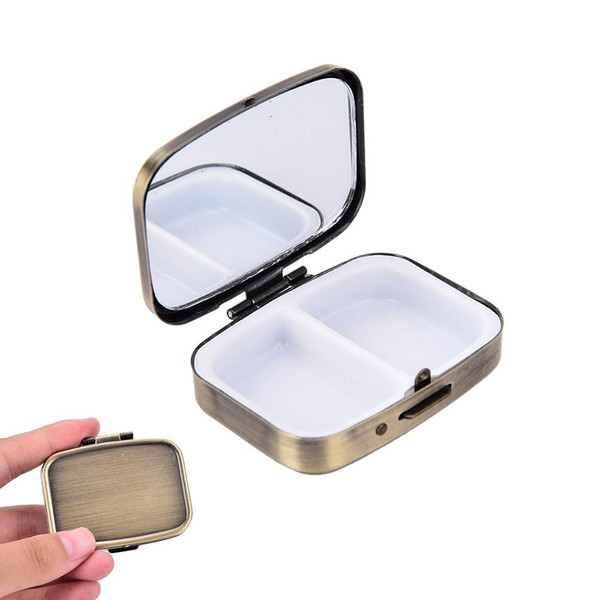 1pcs Pill Cases Metal Rectangle 2 Grid Moistureproof Medicine Holder Pill Storage Box Bronze 56*44*15mm Pill Boxes