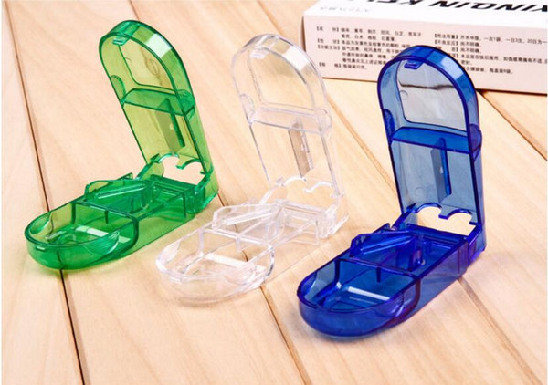 wholesale plastic Pill Cutter Splitter Half Storage Compartment Box Medicine Tablet Holder Safe Free Shipping 3 colors