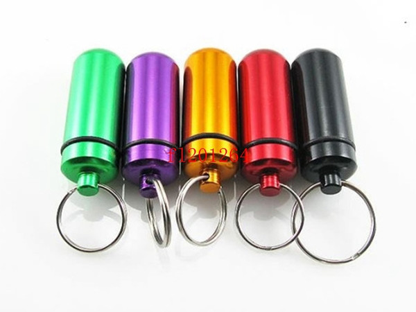 DHL Fedex Free Shipping Wholesale Waterproof Keychain Round Aluminum Pill Bottle cases Travel Alloy Pill Box Keyring 100pcs/lot