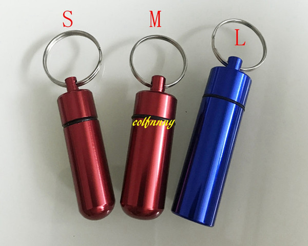 100pcs/lot 50x14mm 48x17mm 60x17mm Keychain Aluminum Pill Box Waterproof Pill Cases jar Bottle Holder Container can do logo