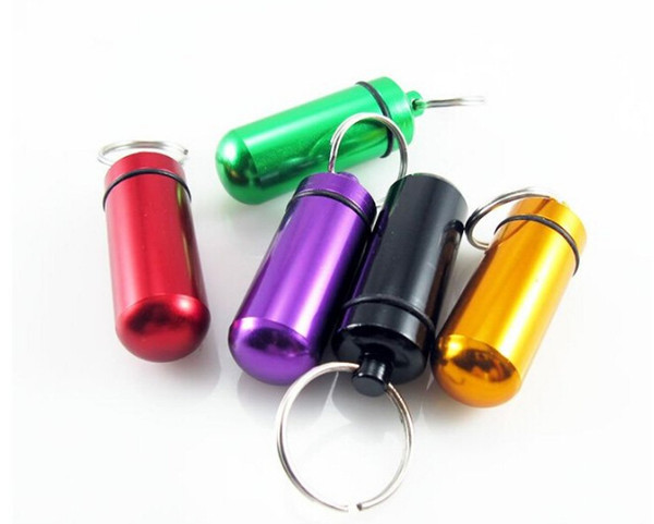 300pcs Travel aluminum alloy Waterproof Pill Box Case keyring Key Chain Medicine Storage Organizer Bottle Holder Container KeyChain 14x46mm