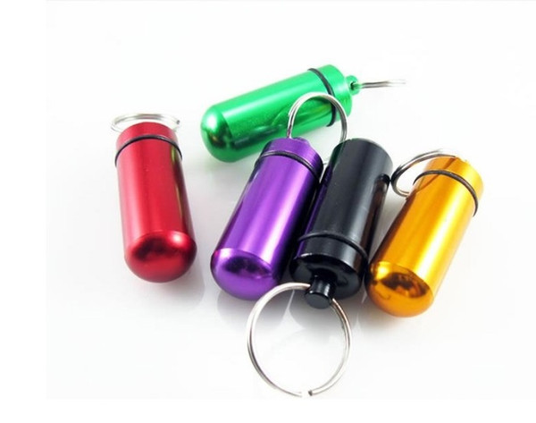 Free Shipping Waterproof Aluminum Medicine Pill Box Case Bottle Holder Keychain Keyring Container Mix Colors wa3714