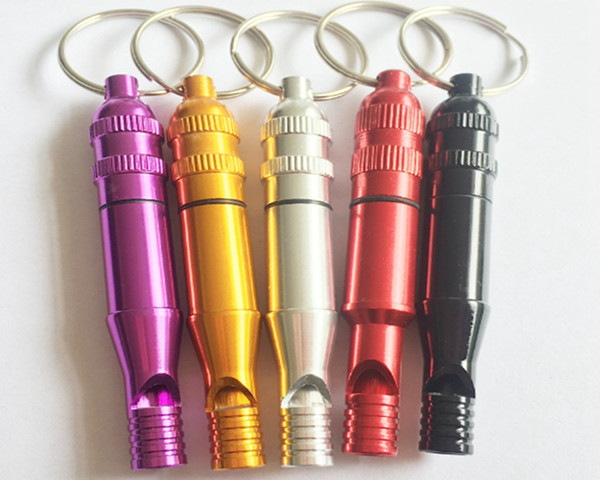 100pcs/lot Fast shipping Aluminum Pill Box Case Pill splitters Bottle Holder Container Out door Keychain Whistle random color