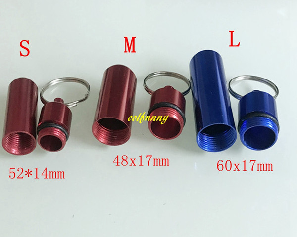 20pcs/lot Free shipping 48x17mm & 60x17mm & 50x14mm Aluminum Pill box splitters Keychain Pill Bottle Storage Box Case Holder