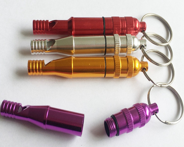 10pcs/lot Free Shipping Aluminum Pill Box Case Bottle Holder Container ourdoor Keychain Whistle random color