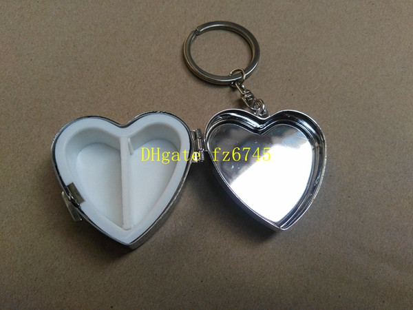 100pcs/lot Heart shape Blank Pill Boxes Metal Pill Container 2 Grids Mini Portable Travel Case box with keyring & makeup mirror