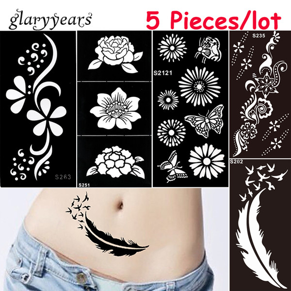 Wholesale-5 Pieces/lot Medium Henna Stencil DIY Paste Hollow Drawing Flower Lace Design Henna Body Art Paint Tattoo Stencil Christmas Gift