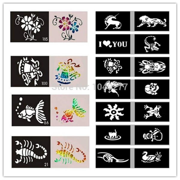 Wholesale-Hot Sale 2014 Latest Templates 50 Mixed Design Sheets Stencils For Body Painting Glitter Temporary Tattoo Free Shipping