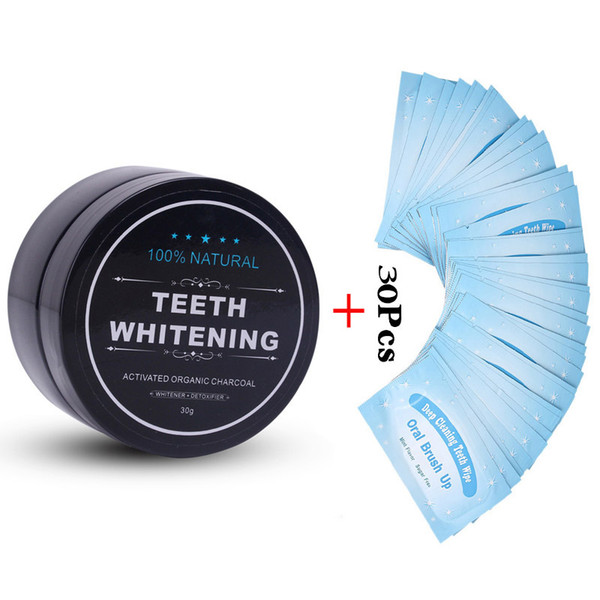 Nature Activated Charcoal Powder Decontamination Tooth Yellow Stain Oral Teeth Care 30g with 30Pcs Teeth Whitening Wipes Oral Whitening