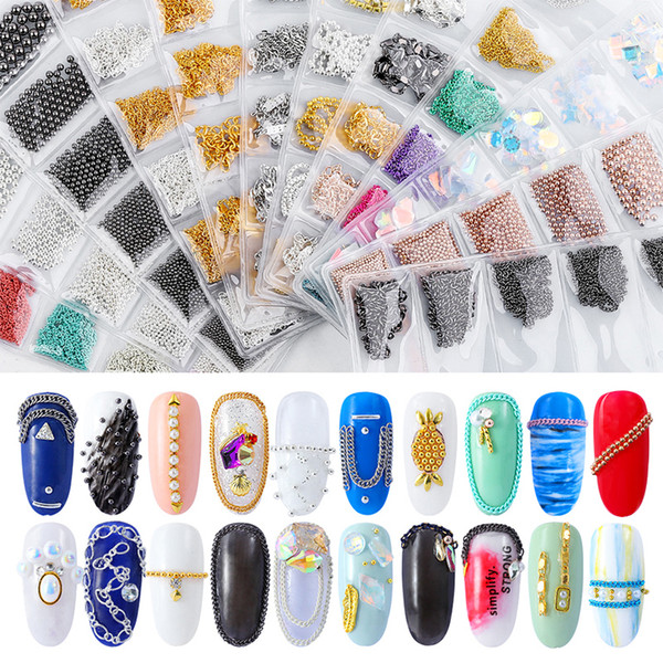 20 pcs/set Metal Nail Chains Caviar Beads 3D Punk Multi-size Snake Bone Crystal Nail Art Decoration DIY UV Gel Manicure Accessories