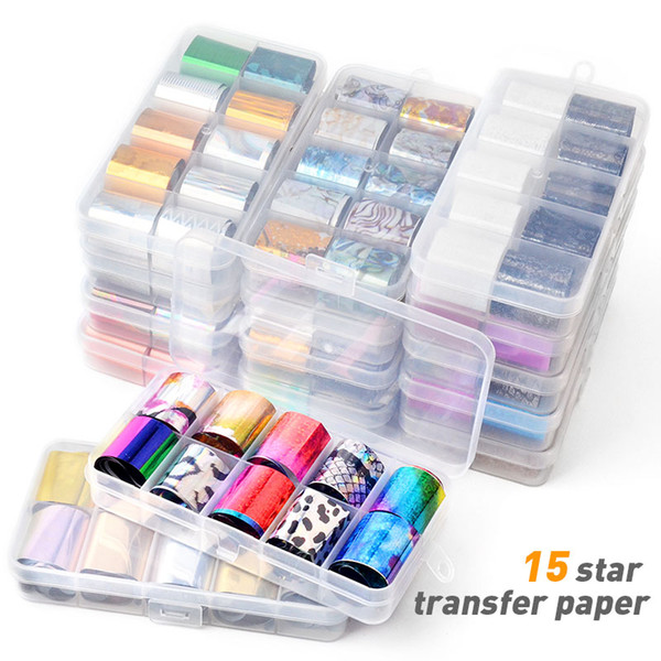 15 Boxes Holographic Nail Foil Set Transparent AB Color Transfer Sticker Decorations 2.5*100cm Mix Designs Manicure Nail Art Decals