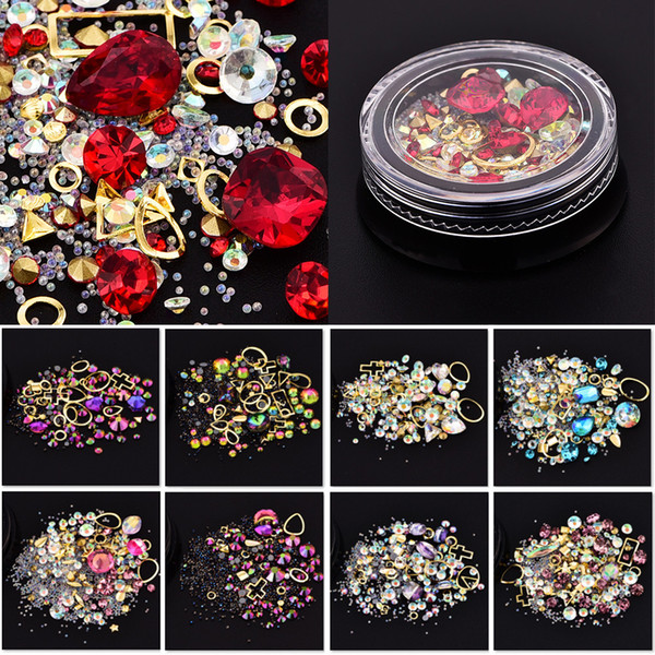 12 Boxes Mixed Colorful Acrylic Broken Glass Rhinestones For Nails Alloy Metal Frame DIY Nails Decor Manicure 3D Nail Art Decoration Gems