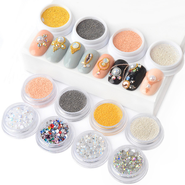 14 Box/Package Mini Stainless Steel Nail Caviar Beads Metal Studs Mix Size Crystal Rhinestones For Nails Mermaid Pearl Nail Art Decoration