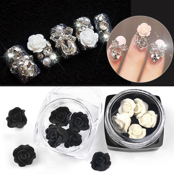 10 Box Black White Rose Rhinestones Nail Art Decorations 3d Petal Emboss Sculpture Flowers Charm Beauty Manicure Accessories