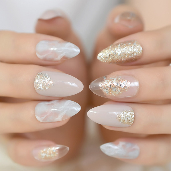 Pointed Stiletto False Nail Art Tips Nude Grey Marble Cloud Fake Nails Clear Shimmer Glitter Press on Full Summer Daily Wear