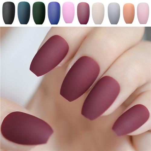 24pcs/set Artificial Coffin Fake Nails Matte Red Wine Frosted Press on Nails Coloured Pink Black False Tips Wholesale