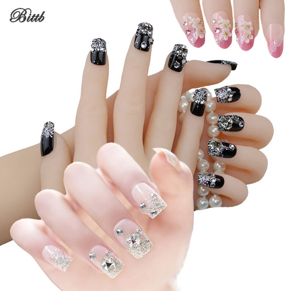 AddFavor 24Pcs Reusable Finished False Nails With Back Sticker Tape Diamond Lace Flower Nail Art Decoration Bride Fake Nail Tips