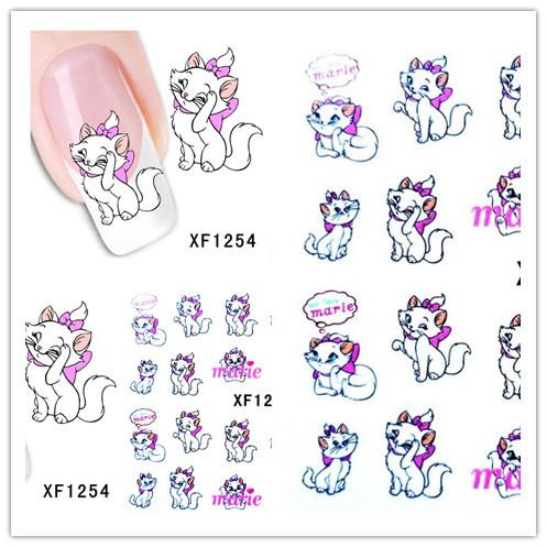 1 Aheet XF1254 Cartoon Style Watermark Water Transfer Design Cute Cats Tip Nail Art Sticker Nails Decal Manicure Tools