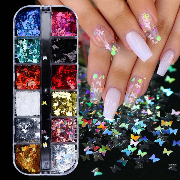 3D Butterfly Slice Nail Sequins Flakes Holographic Iridescent Glitter Nail Art Decoration Colorful Manicure 12 in 1 Set CH1558