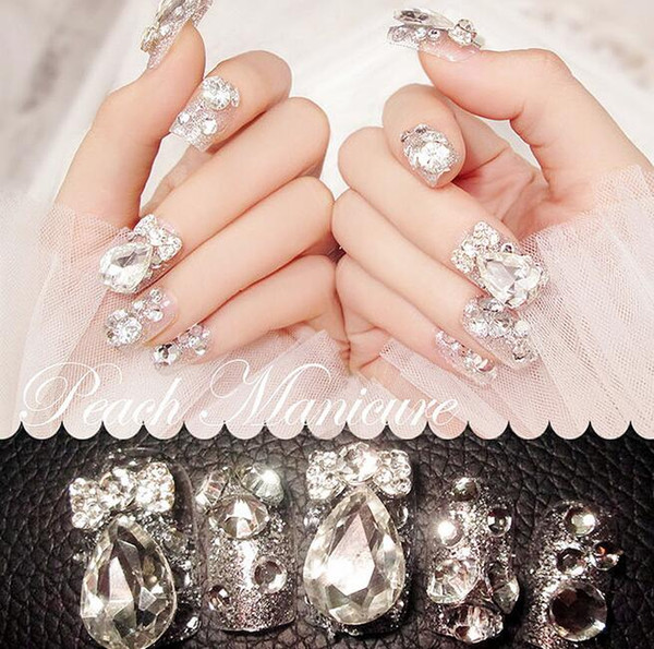 HugMee Nail Ornament 24pcs 3D False Nails Bling Glitter Fake Full Nail Tip Imperial Crown Rhinestone Decor Bowknot Nail Art M0048