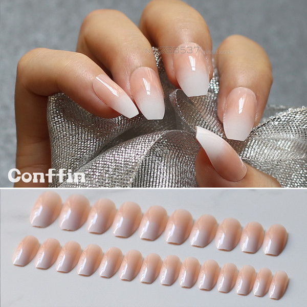 Jelly White Gradient Coffin Fake Nails Stiletto Nails Lovely Pink Medium Nature False Full End Product 24pcs