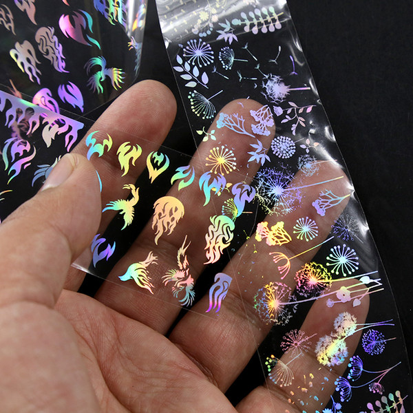 4*20cm/Roll X10pcs per set Holographic Nail Foil stickers Flame Dandelion Panda Bamboo Holo Nail Transfer Sticker Slide Nail Decals