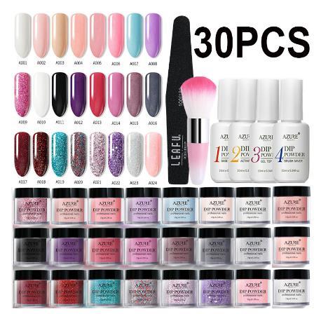 30Pcs/Lot Dipping Full Set Glitter Gradient Color Nail Dip Base Top Gel Activator Brush Saver Set